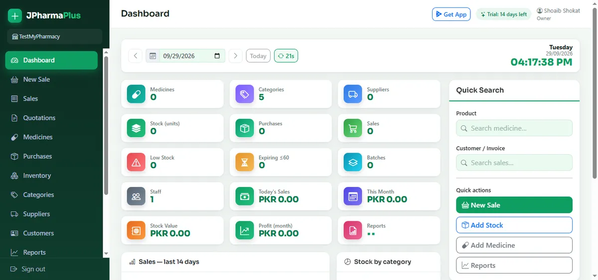JPharmaPlus pharmacy dashboard by Jantrah Tech showing medicines, stock, low stock, expiring items, batches and profit